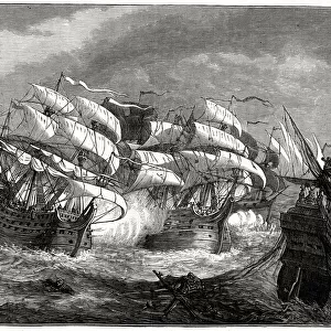 Sir Francis Drake attacking a Spanish treasure ship (actually a Portuguese carrack