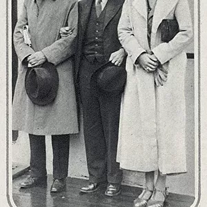 Sir Norman Angell and Leonard Behrens with Miss Barbara Hayes on board ship en route to