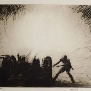 A Sixty-Five Pounder Opening Fire, by James McBey, WW1