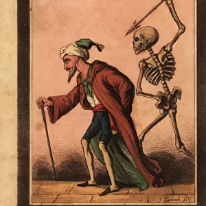 Skeleton of death aiming a dart at an old man on a street