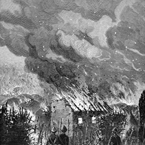 Sketch by ILN special artist, Melton Prior. British troops in tropical helmets survey the destruction by fire of the house of Cetshwayo, King of the Zulus, at the end of the