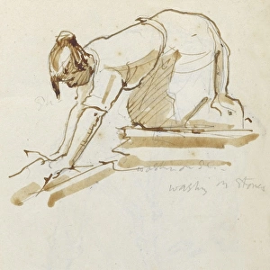Sketch of woman scrubbing floor