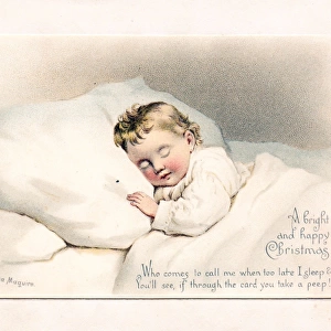 Sleeping baby on a Christmas card