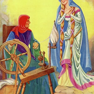 The Sleeping Beauty and the old woman at a spinning wheel