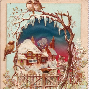 Snow scene with birds and cottage on a Christmas card