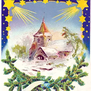 Snow scene with church and stars on a New Year postcard
