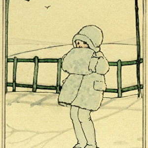 Snow scene in hat coat & muffler