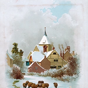 Snow scene with sheep on a Christmas card