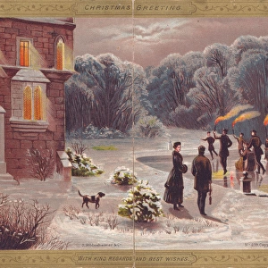 Snow scene with skaters on a Christmas card