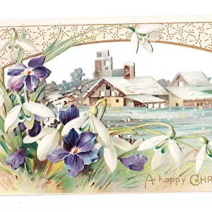 Snowdrops and violets on a cutout Christmas card