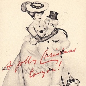 Snowman and woman on a Christmas postcard