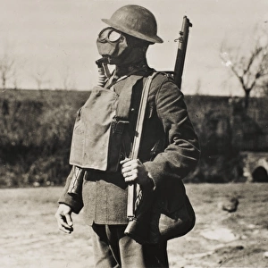Soldier wearing gas mask, 1918
