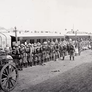 Soldiers and Chinese at train station, Peking, Beijing, 1900