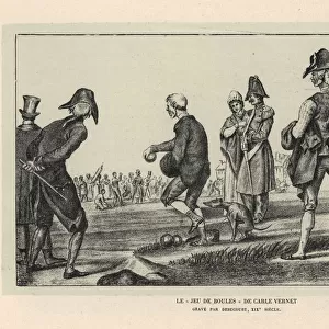 Soldiers and old men playing boules or petanque