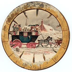 Stagecoach and horses on a circular Christmas card