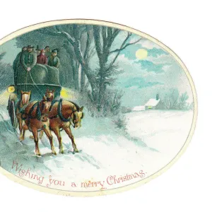 Stagecoach and horses on an oval Christmas card