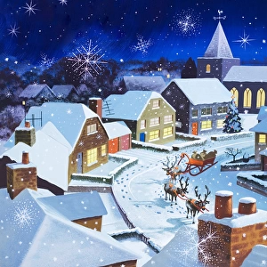 Starry village with snow and Christmas sleigh