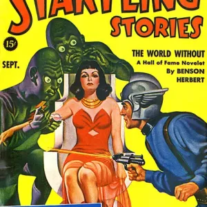 Startling Stories scifi magazine cover, alien injection Startling Stories scifi magazine cover, alien injection