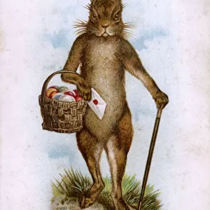 A rather stern-looking Easter bunny delivering cards & eggs