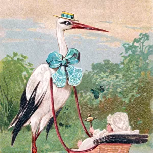Stork with baby in pram on a greetings postcard