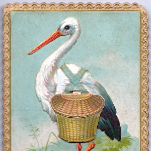 Stork with basket on an audible good luck card