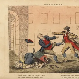 Street brawl between two men in a 19th century town