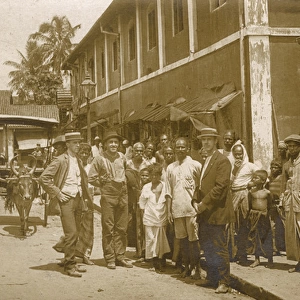 Street scene with bullock taxi, Ceylon (Sri Lanka)