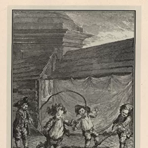 Four street urchins skipping rope in an alley, 18th century
