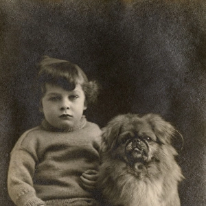 Studio portrait, boy with Pekingese dog