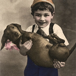 Studio portrait, little boy with dachshund