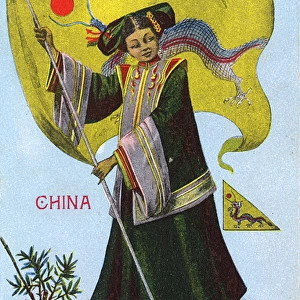 Stylised Chinese woman holding a large dragon flag