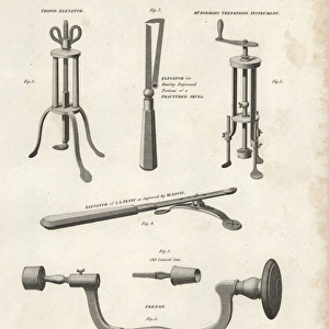 Surgical equipment including elevator and trepans, 19thC