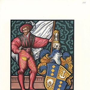 Swiss costume of a knight with heraldic shield, 1510-1550