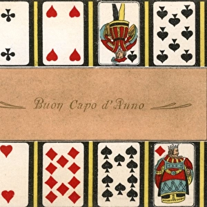 Swiss New Years card featuring a variety of playing cards