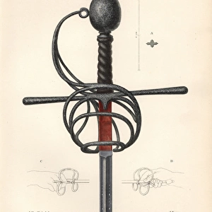 Sword hilt with knob and hook in iron and silver
