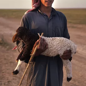 Syrian bedhouin shepherd boy holds a small lamb in his arms