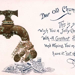 Tap pouring out money with comic verse on a Christmas card