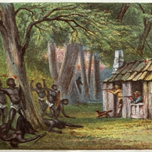 Tasmanian aborigines attacking a settlers hut