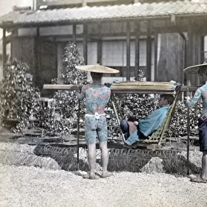 Tattooed bearers and a carrying chair, Japan, circa 1870s. Date: circa 1870s