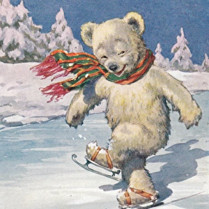 Teddy bear skating on a German New Year postcard