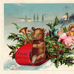 Teddy bear and toys on a Christmas postcard