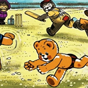Teddy bears playing cricket on the beach