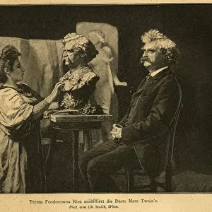 Teresa Feoderovna Ries sculpting a bust of Mark Twain