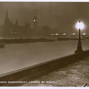 Thames Embankment by night - View toward Westminster, London