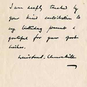 Thank you letter from Winston Churchill, Prime Minister