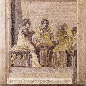 Theater scene with two women consult a witch. The