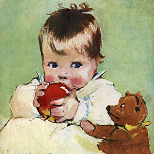 Toddler with apple and teddy by Muriel Dawson