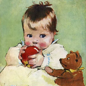 Toddler with apple and teddy by Muriel Dawson