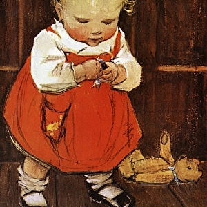 Toddler in a red smock by Muriel Dawson