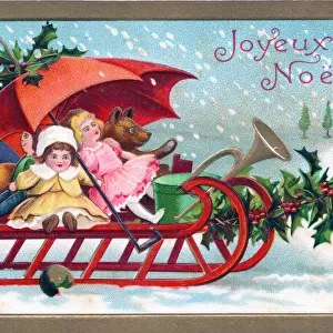 Toys and presents on a sled on a French Christmas postcard